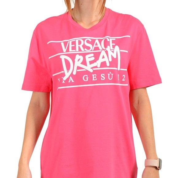 Versace Women's Pink Logo Print Crewneck Short Sleeve T-Shirt Top US 2XS IT 36